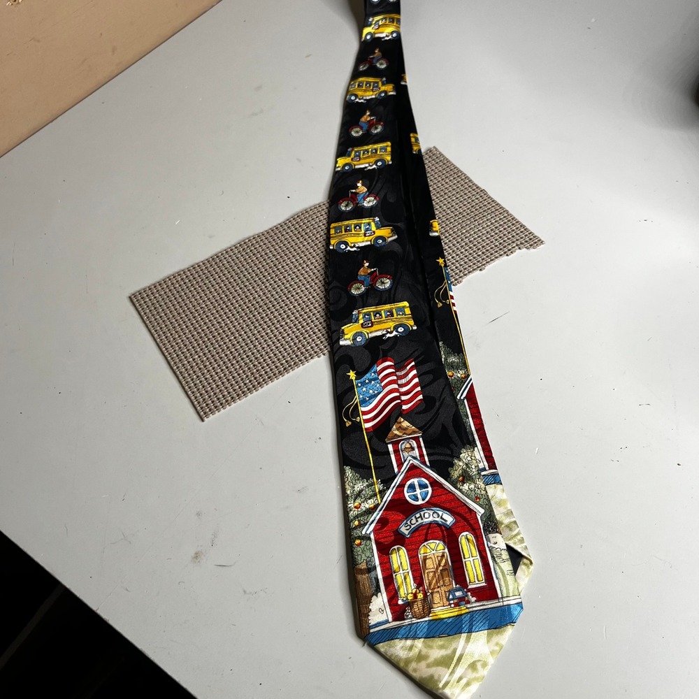 Steven Harris Mens Back to School Tie Schoolhouse Bus American Flag Black Tie